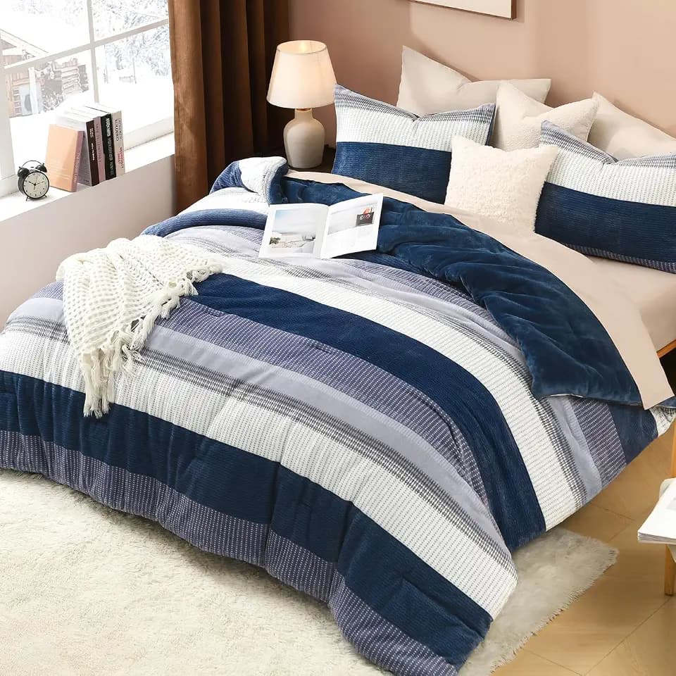 Litanika Fluffy Fleece King Comforter Set, 3Pcs Mineral Blue Stripe Bed Set