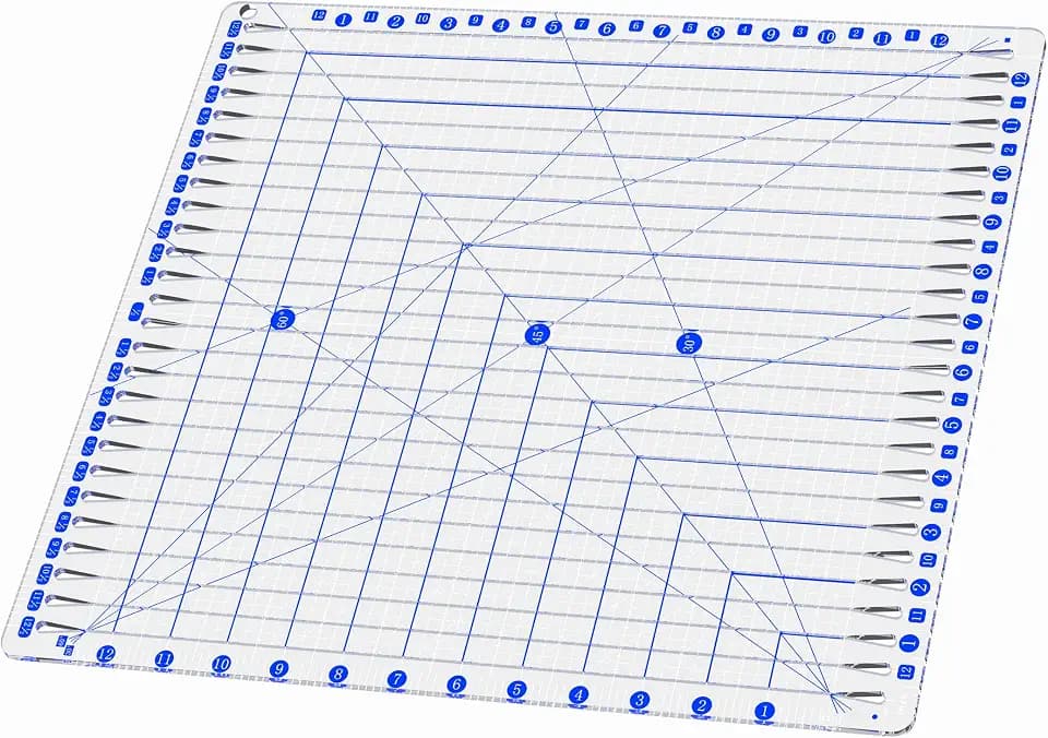 Quilting Ruler, 12.5" x 12.5" Slotted Acrylic Ruler for Quilting and Sewing, Precise Fabric Cutting with 24pcs Non-Slip Silicone Grips, Blue & White