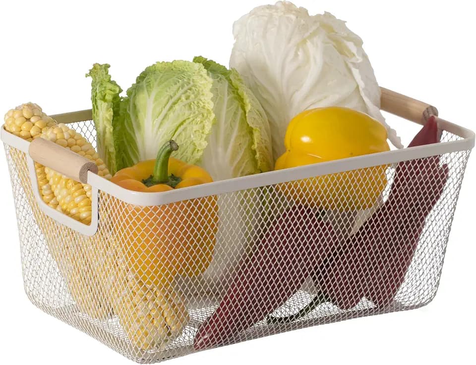 Basicwise Multipurpose Metal Mesh Basket with Wooden Handle Storage Organizer for Kitchen Pantry Bathroom Cabinet Closet Countertop Fruit Holder Picnic Food and Beverages Carrier and Home Decor, Small