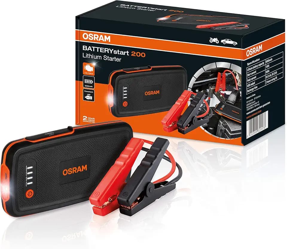 OSRAM BATTERYstart 200, KFZ Starthilfe, Lithium Batteriestarter 500A 12V für Motorrad & PKW mit Powerbank Funktion für bis zu 3L Benzinmotoren, 6000mAH