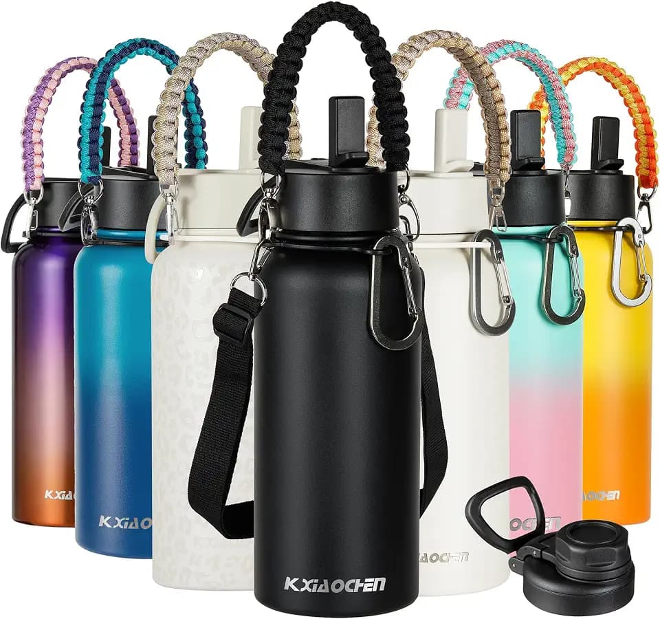 KXIAOCHEN Insulated Water Bottle with Strap, 48-Hour Cold, 2 Lids