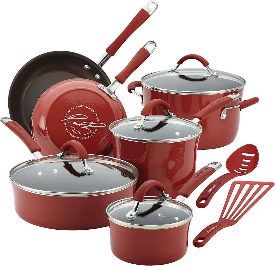 Rachael Ray Cucina Nonstick Cookware, Cranberry Red Pots and Pans Set, 12-Piece