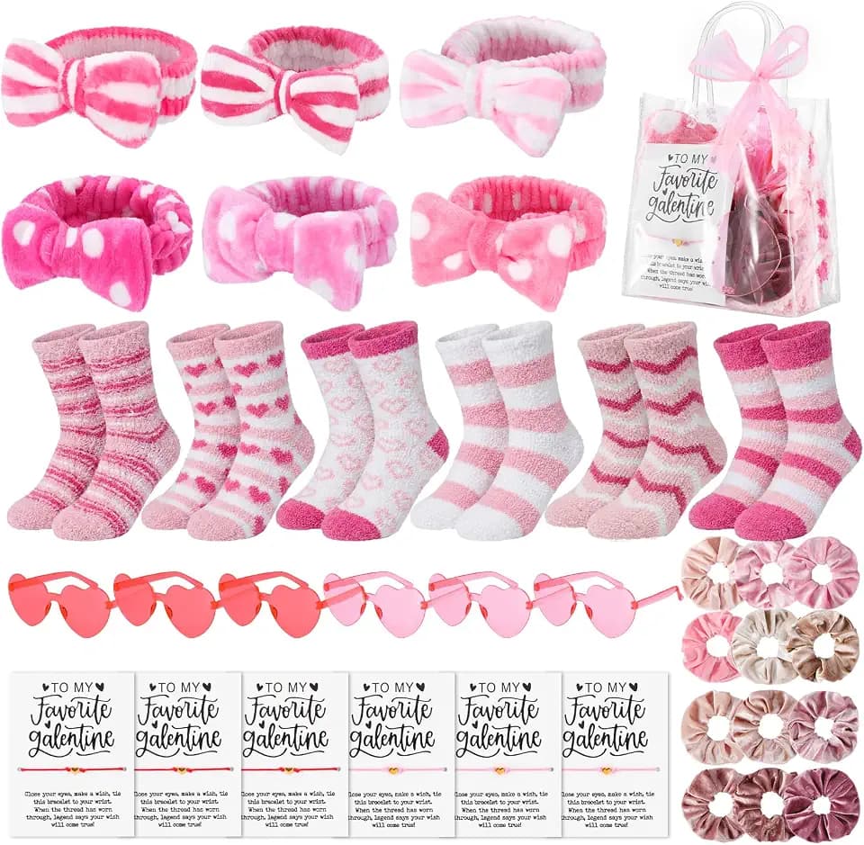 Berlune 6 Set 43 Pcs Galentines Party Gift Favors Sleepover Party Supplies Spa Slumber Include Fuzzy Socks Velvet Scrunchie Headbands Glasses Bracelets Card PVC Bags for Friends Women Girls BFF Bestie