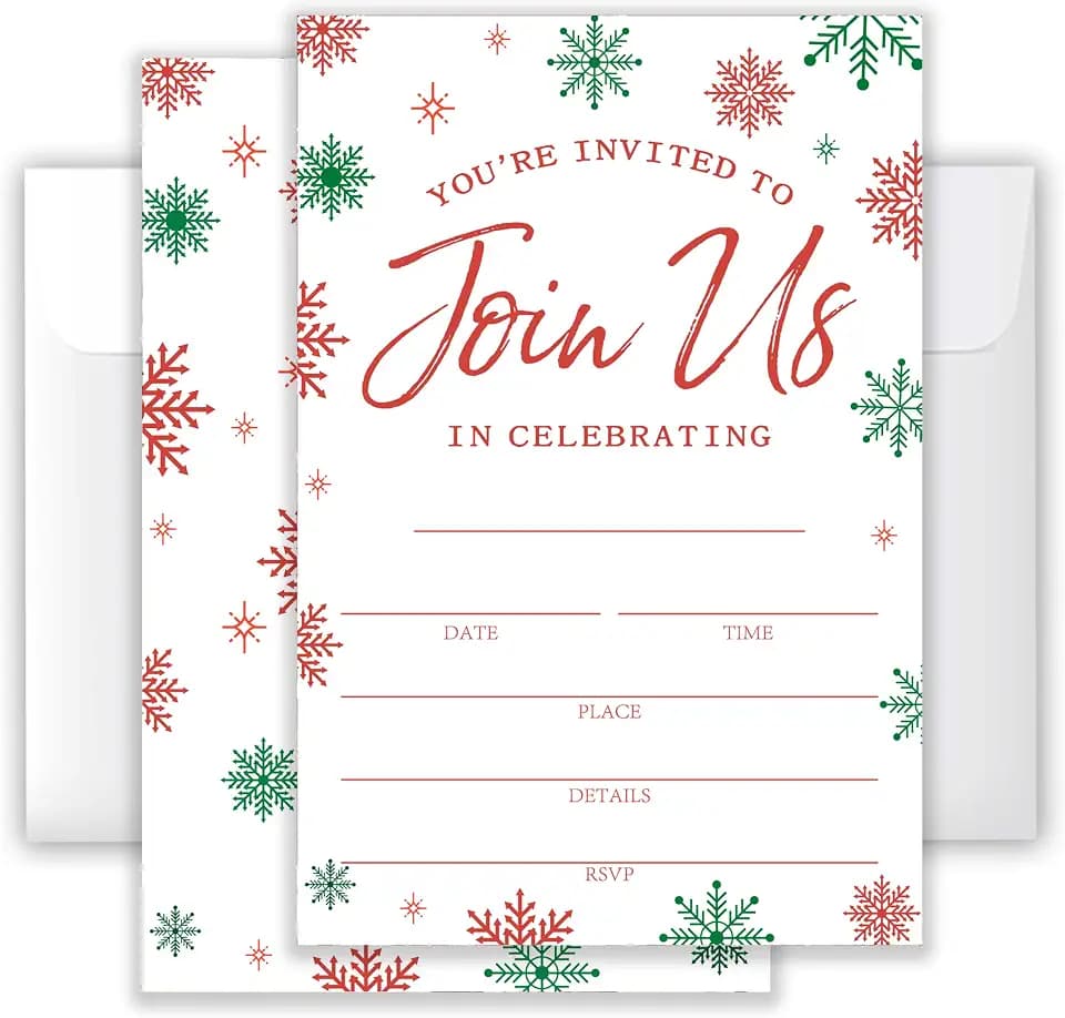 Red Green Snowflake Christmas Invitation Cards with Envelopes