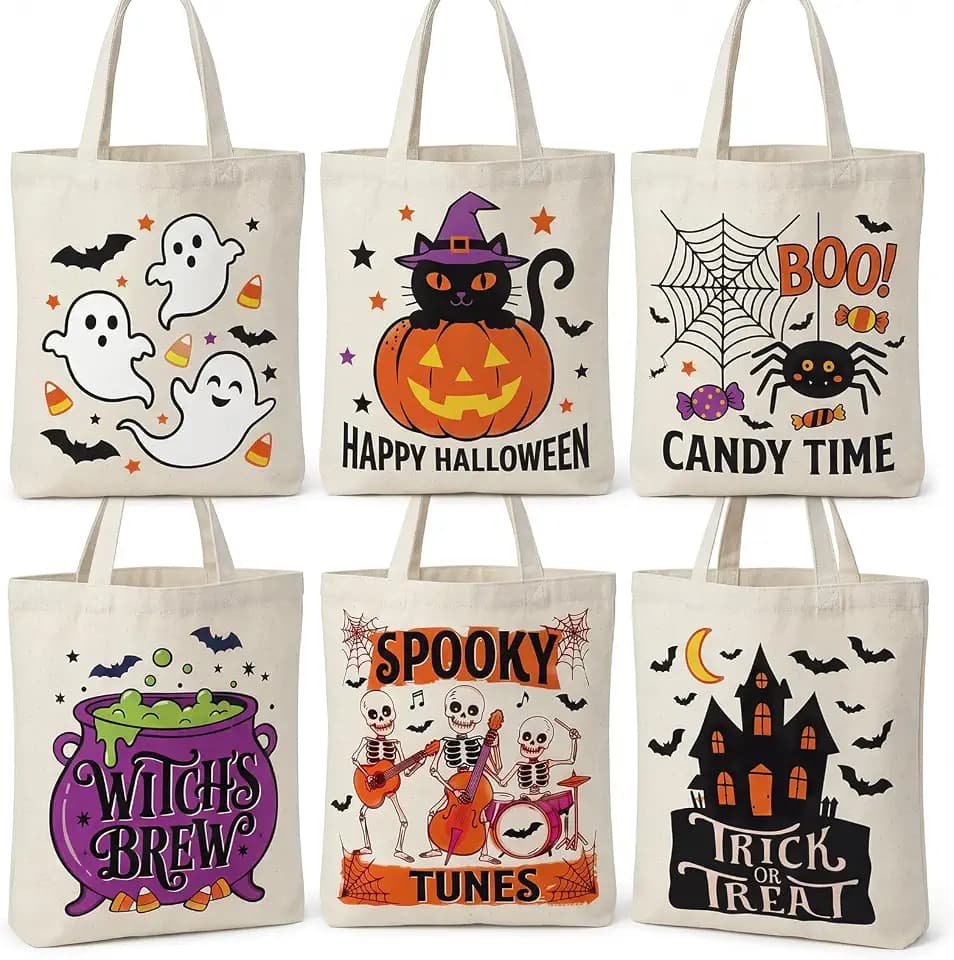 Dansydaisy 6 Pcs 13.75” Large Halloween Tote Bags Trick or Treat Canvas Bag