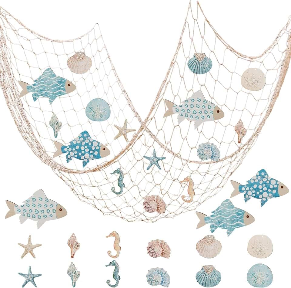 16 Pcs Fish Net Decorations Nautical Decor with Nets Fish Shells