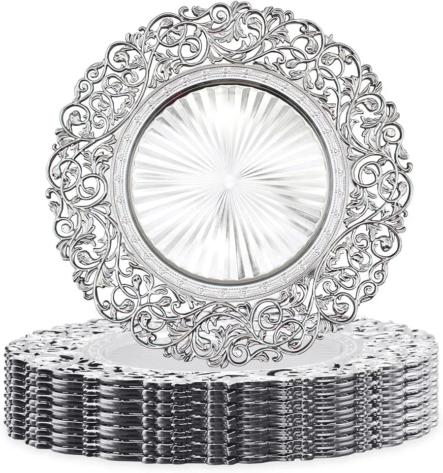 13 Inch Silver Plastic Charger Plates Set – 12 Pack, Elegant Round Disc Chargers for Table Setting, Decorative Placemats for Regular Dinner Plates, Holidays, Events, and Entertaining (Design B)
