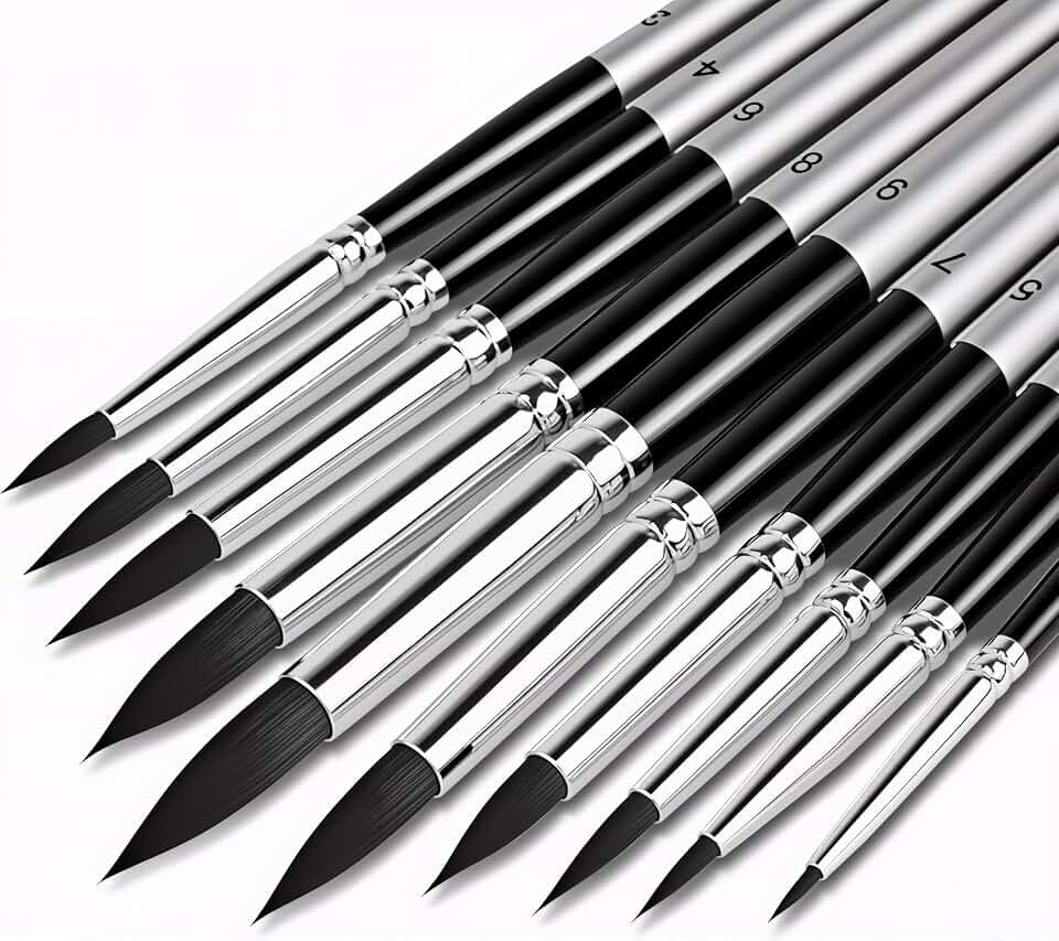 DUGATO Watercolor Brush Set of 10, Round Pointed Tip, Fine Synthetic