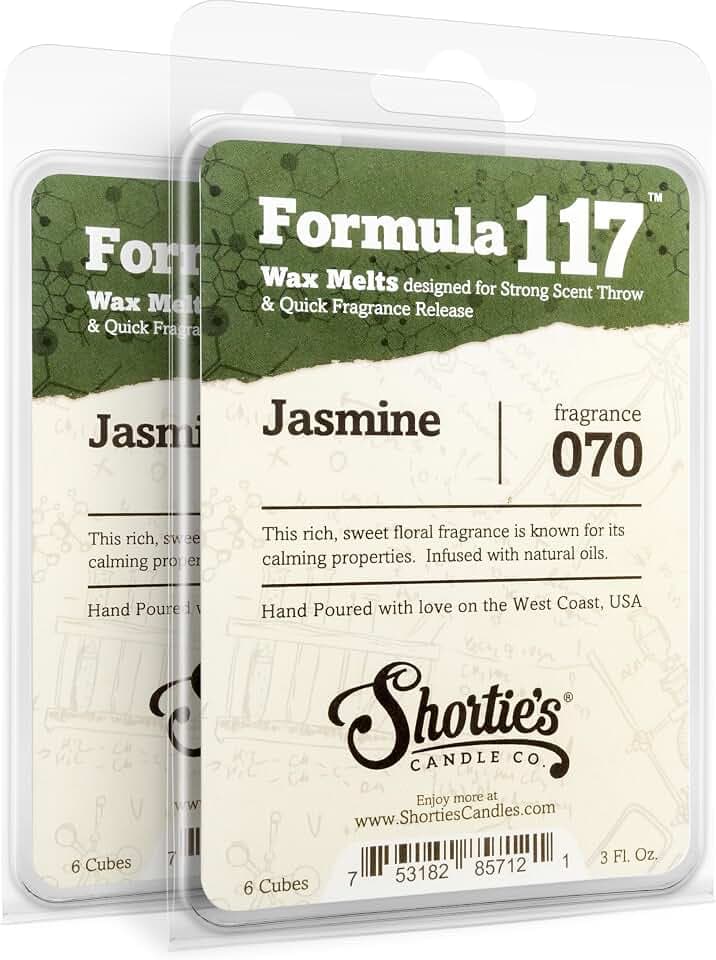 Shortie's Candle Company Pure Jasmine Premium Wax Melts 2 Pack - 6 Oz., Strong & Long Lasting, Non-Toxic - Made with Essential & Natural Oils - Formula 117