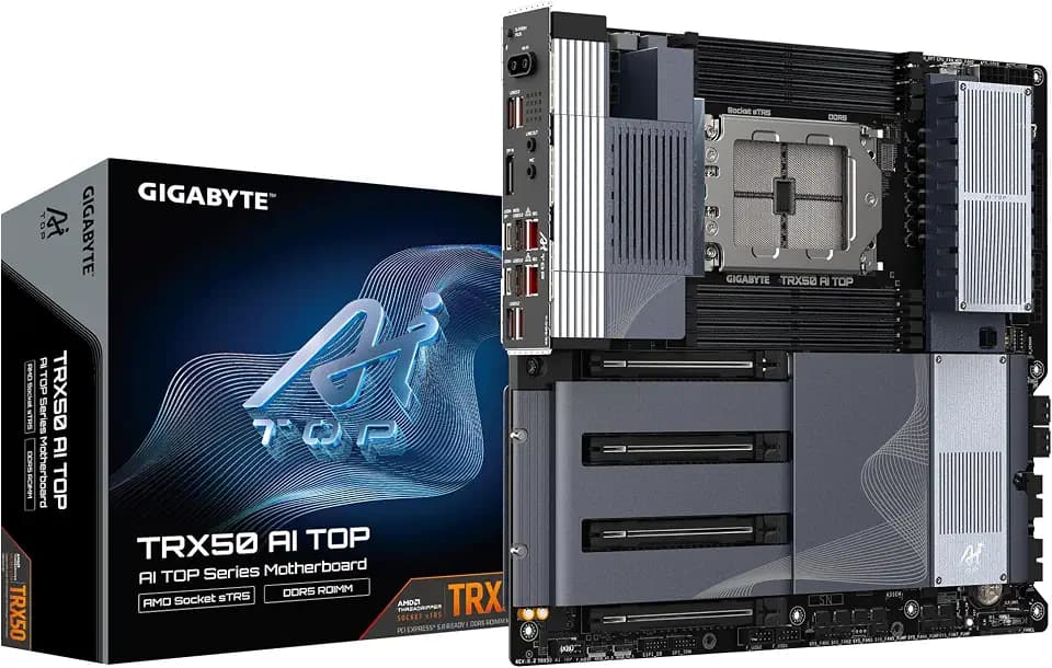GIGABYTE TRX50 AI TOP-2B Mainboard – Unterstützt AMD Ryzen Threadripper PRO 7000 CPUs, digitales 16+8+4 Phasen VRM, bis zu 5200 MHz DDR5, 4 x PCIe 5.0 M.2, Wi-Fi 7, 10 GbE LAN, USB 4