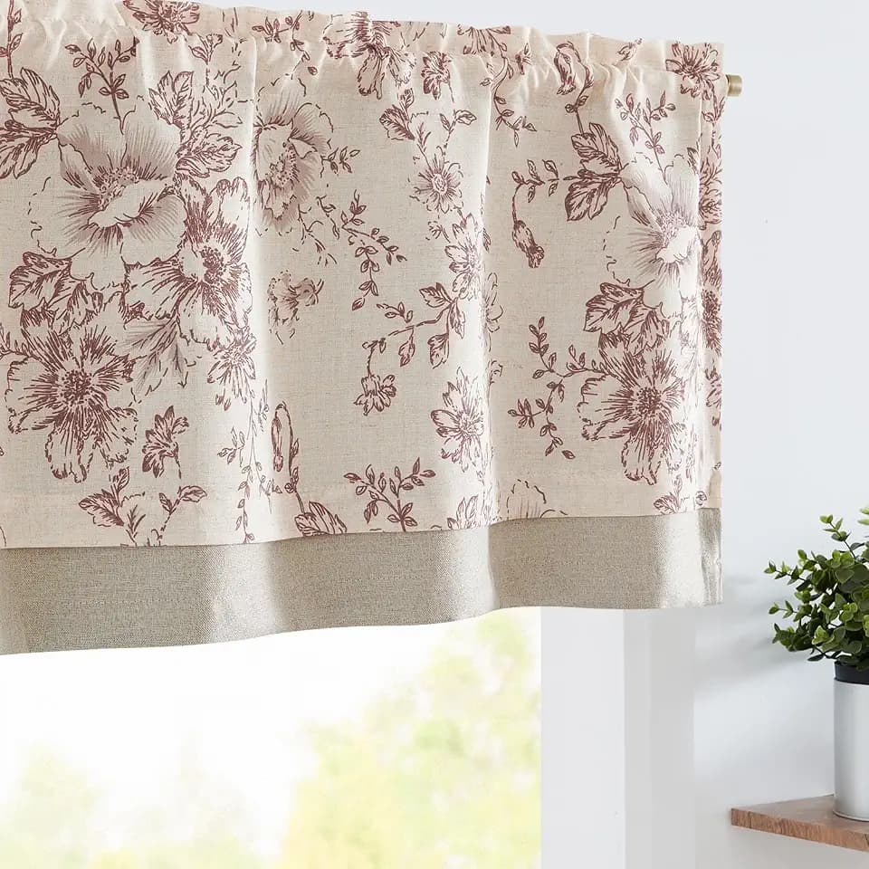 jinchan Floral Linen Kitchen Valance Curtain, 50x16, 1 Panel, Red