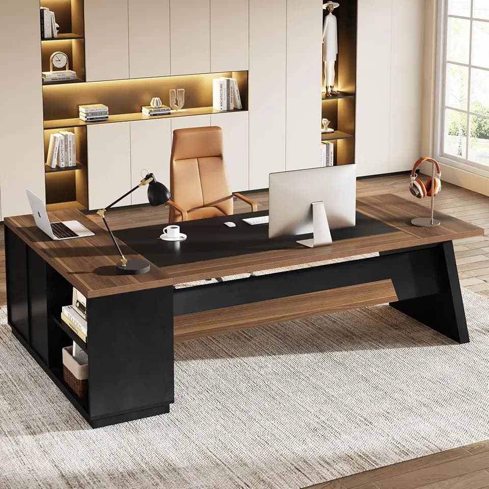 Tribesigns 78" L-Shaped Executive Desk, Large Office Desk with Drawers and File Cabinet, Modern Business Furniture for Home Office (Light Walnut + Black)