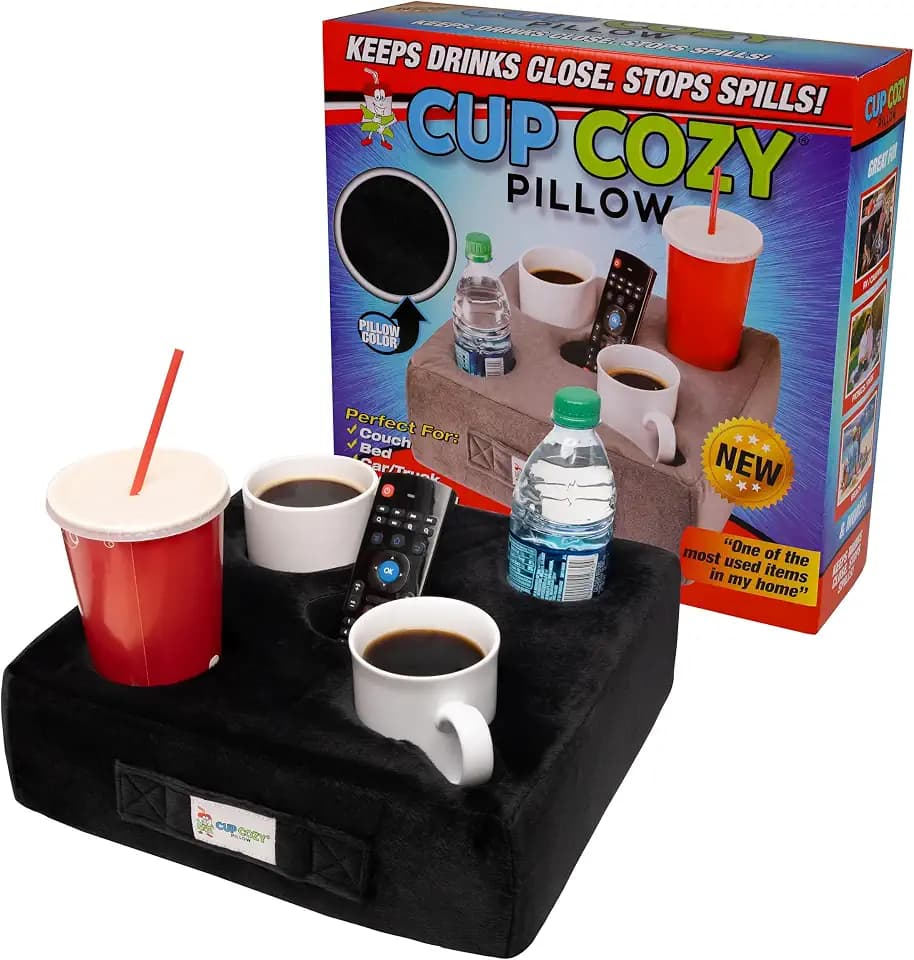 The Original Cup Cozy Pillow 5 Hole Black As Seen on TV-Cup Holder Caddy for Couch, Sofa, Bed, Car, RV, Park, Beach, & More!