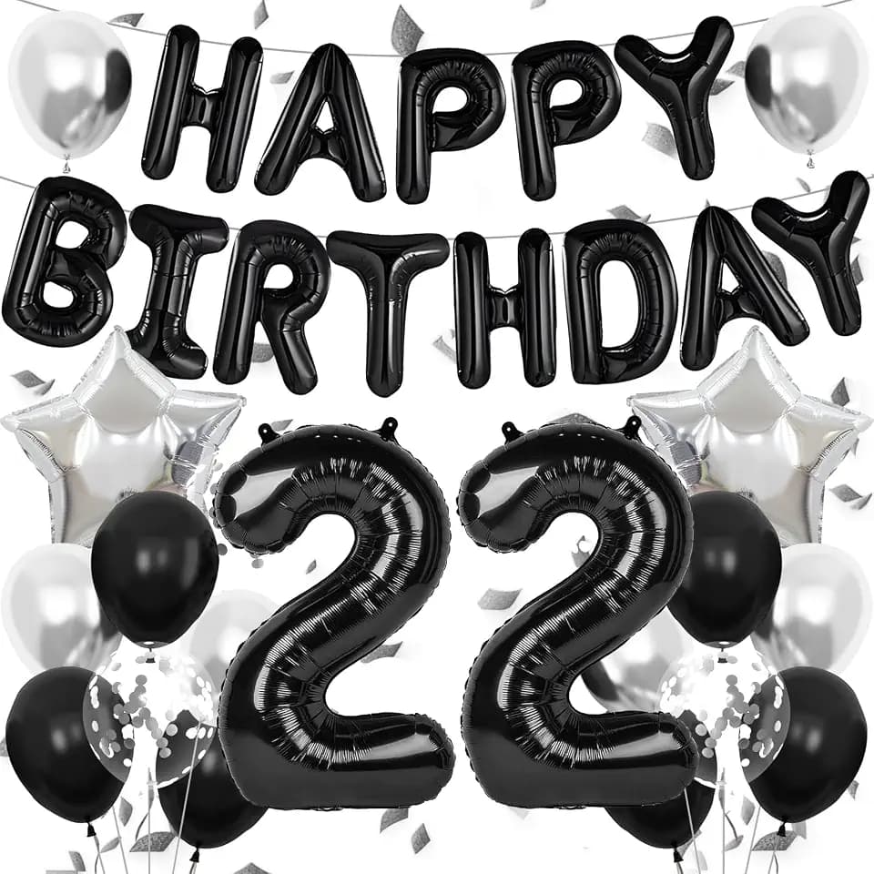 Black and Silver Birthday Decorations, 22 Number Balloons, Happy Birthday Balloon Banner Black and Silver Confetti Balloons Star Foil Balloon for 22nd Birthday Decorations for Women Men