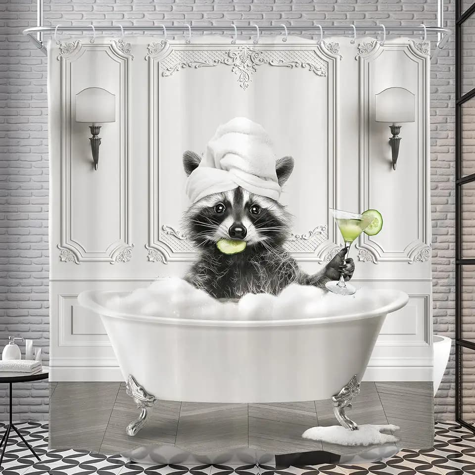 Funny Raccoon Black White Shower Curtain Gray Animal Hilarious 72Wx72L Inch