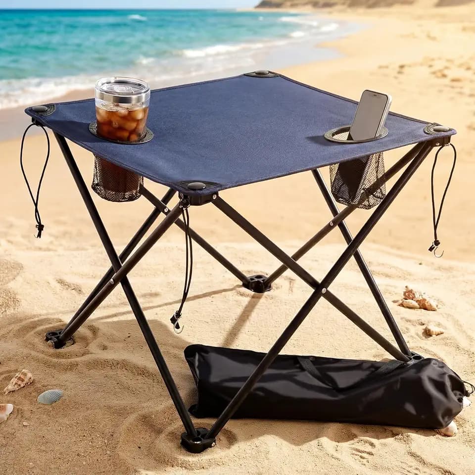 Cinnvoice Portable Folding Camping Table Lightweight Folding Beach Stand with 2 Cup Holders and Carry Bag for Camp Beach Travel Fishing and Outdoor Activities, Blue