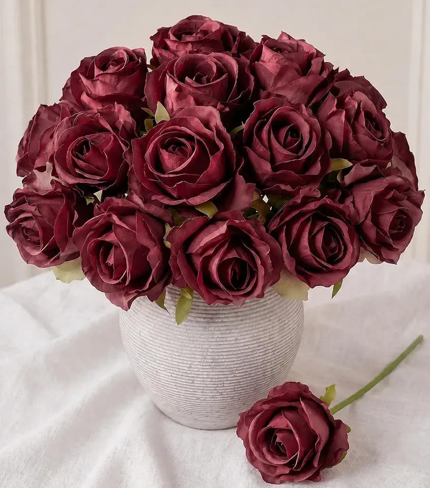 Ivydale 18pcs Burgundy Roses Artificial Flowers, Fake Roses Silk Flowers with Stems Realistic Bouquet for Wedding Party Home Decoration DIY Centerpiece Floral Romantic Gifts