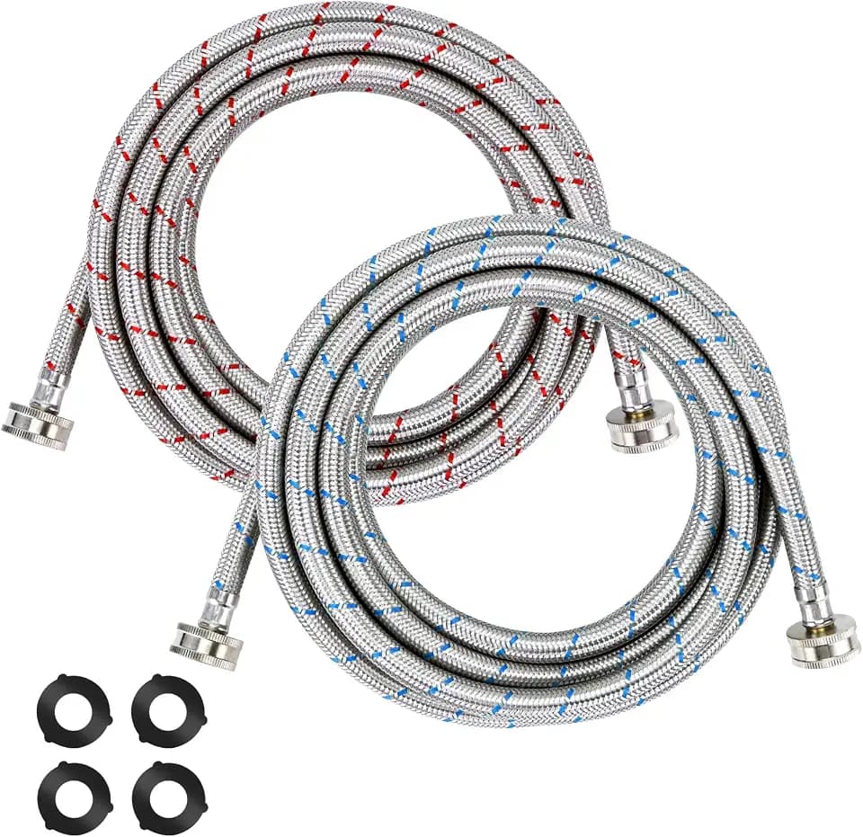 15ft LONG Washing Machine Hoses UPGRADE by Blutoget- Braided Stainless Steel Washer Hoses - Hot and Cold Water Lines 3/4'' Standard Interface -Burst Proof Leak Free Hose (2 Pack) - 10 YEARS GUARANTEE