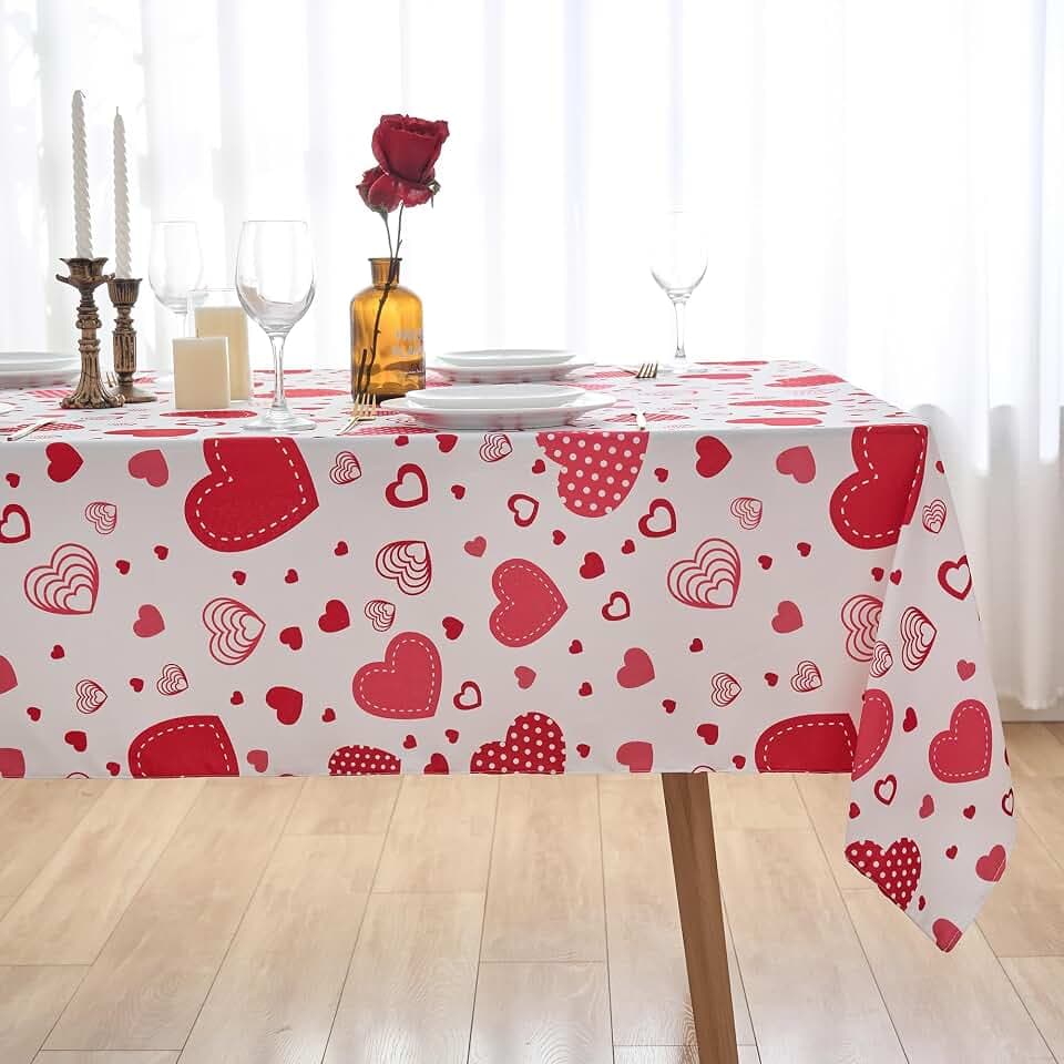 VEDECHIC Valentine's Day Tablecloth 60 x120 Inch Rectangle Table Cloth Red Love Heart - Oblong Polyester Fabric Table Cover for Valentine Wedding Anniversay Dinner Party Picnic Kitchen Decorations