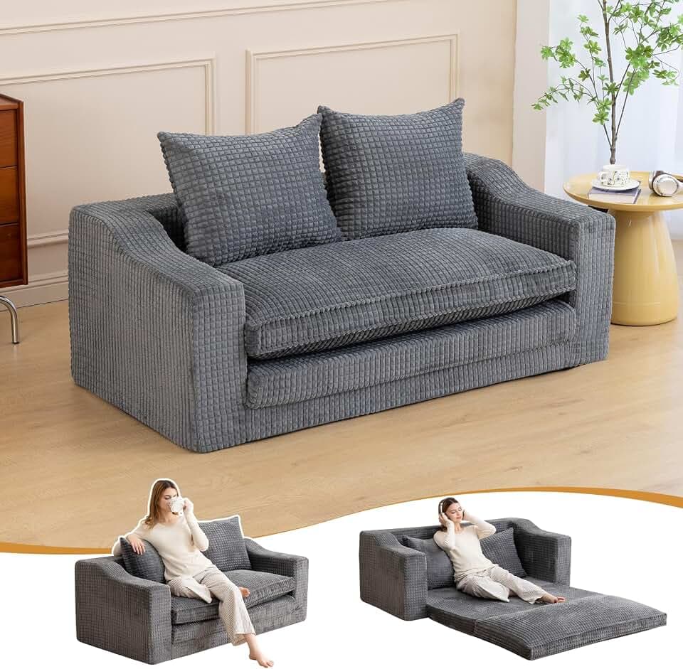 61" Boneless Loveseat Sleeper, Folding Sofa Bed with Corduroy Cover, D-Grey