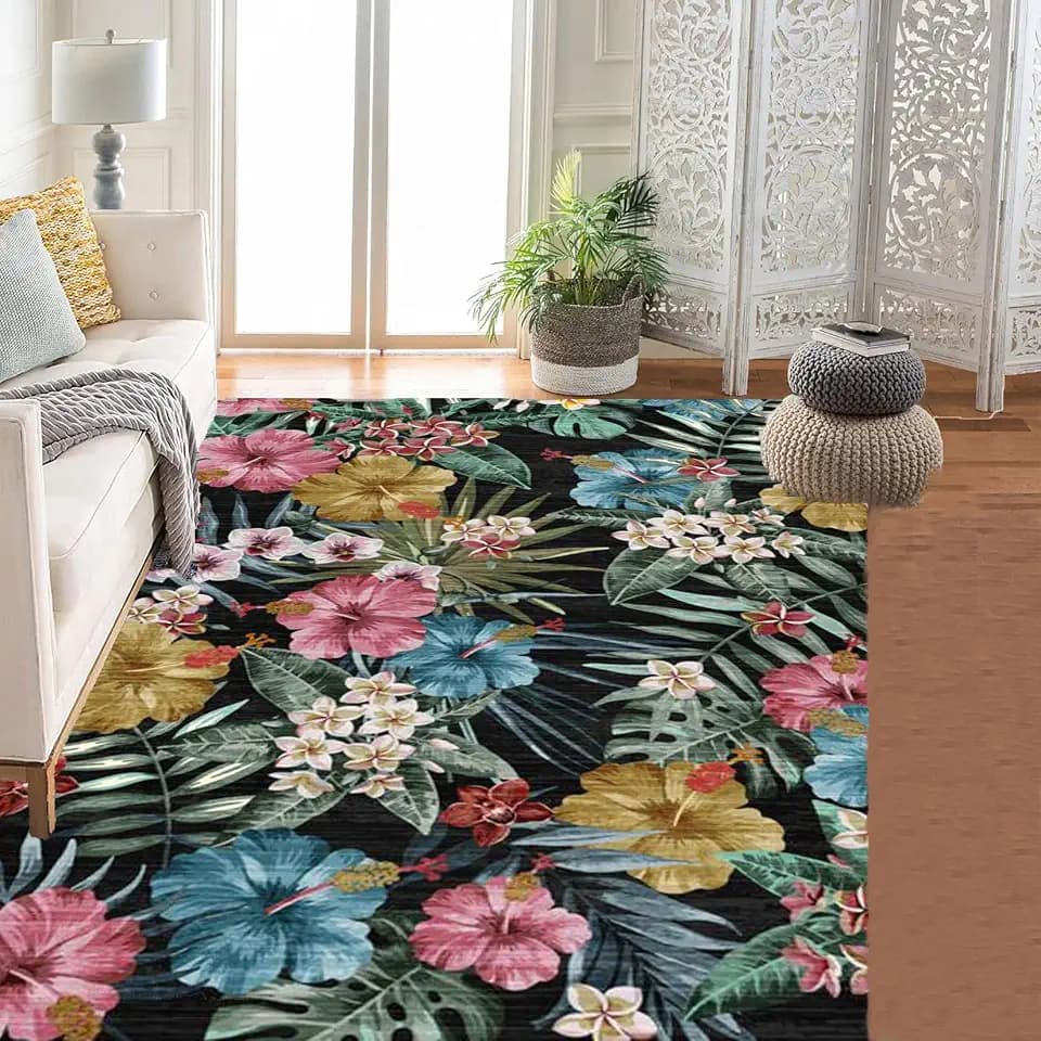 Bedroom Rug Washable Area Rug Non Slip Low Pile Boho Floral Carpet for Bedroom Black 6 * 9ft(183 * 274cm)