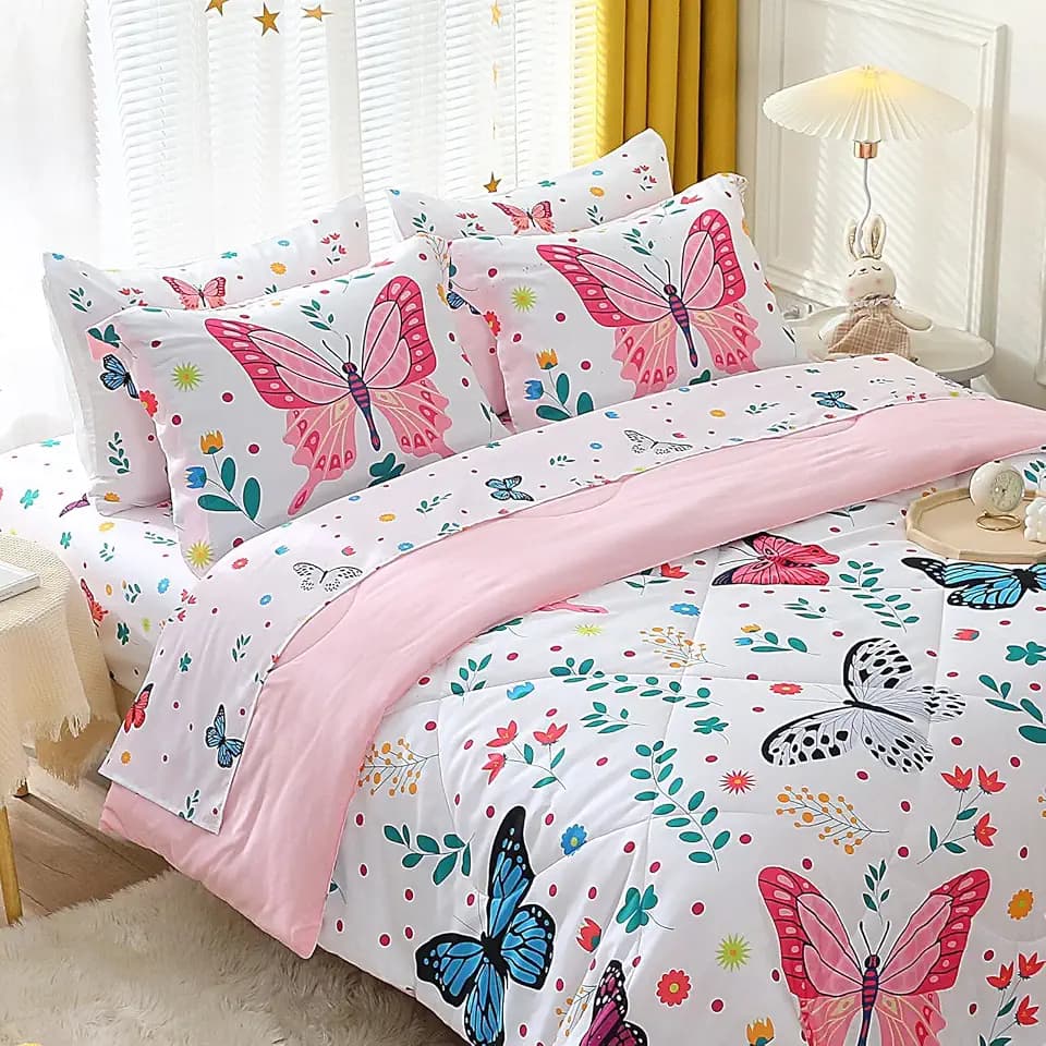 Butterfly Comforter Set Twin Size for Girls Kids Teens 7 Piece Bed in A Bag Colorful Butterflies Flower Leaves Bedding Set All Season Lightweight