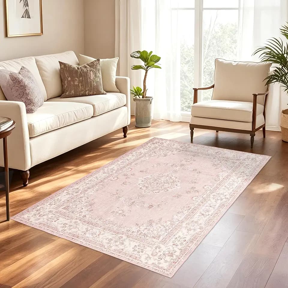 3x5 Soft Pink Entrance Rug: Vintage Floral Washable Door Mat Bathroom