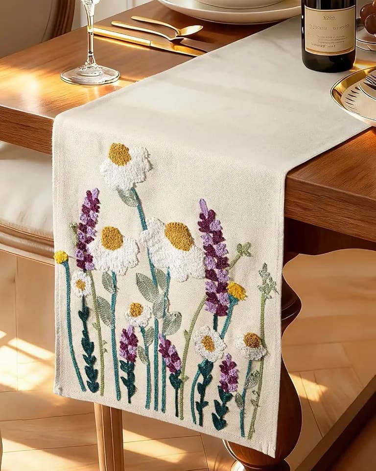 Canvas Embroidered Narrow 13"x 72" Table Runner, Wild Flower