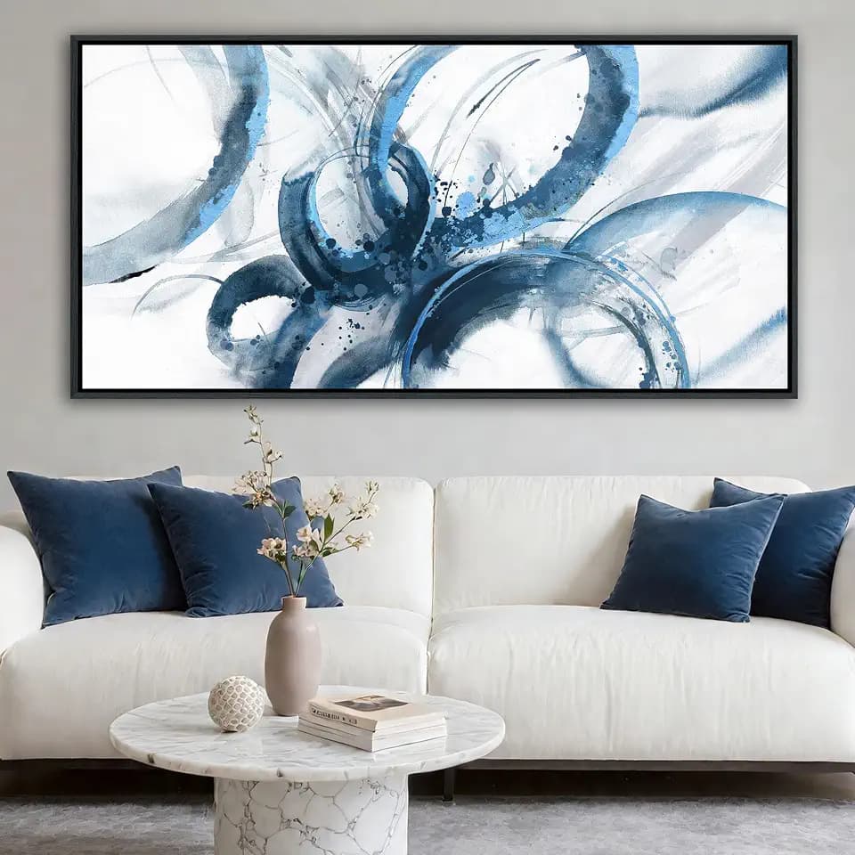 AJAZIKO Blue Abstract Canvas Wall Art for Living Room - Large Modern Navy & White Framed Artwork, Extra Large Bedroom Wall Decor, Sophisticated Office Pictures 30×60IN