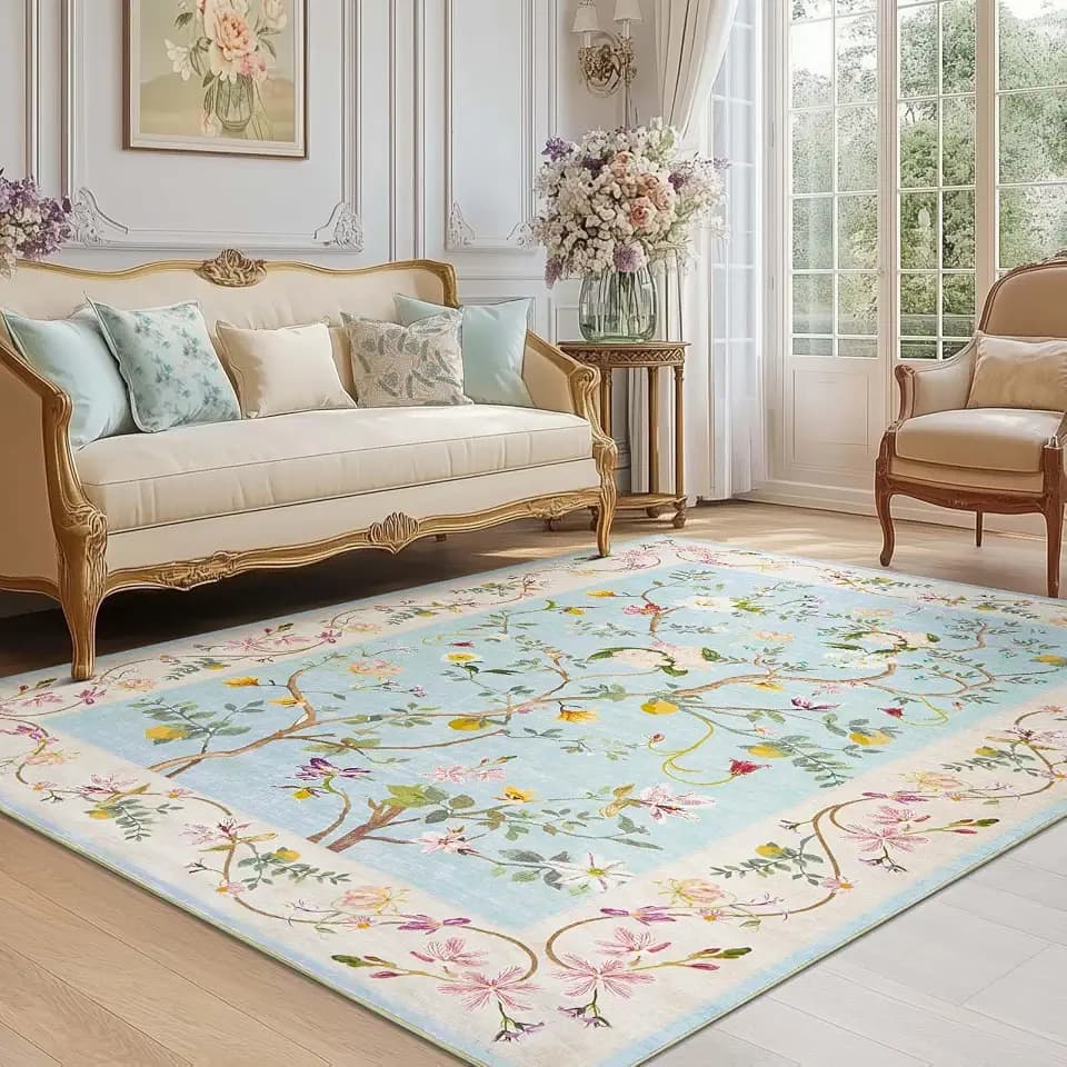 jinchan 4x6 Washable Living Room Area Rug, Chinoiserie Floral, Blue/Pink