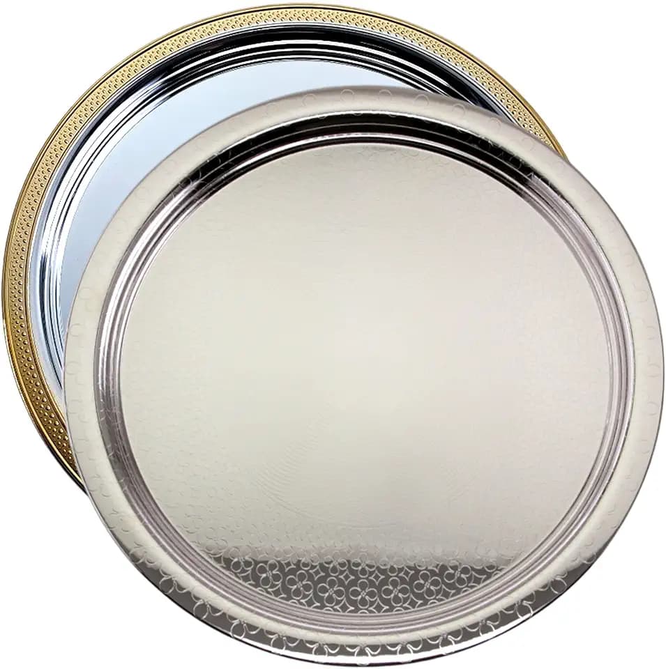 (Pack of 2) 16.3 inch Round Mixed Patter Chrome and Iron Gold Edge Plated Serving Tray Stylish Floral Victoria Design Engraved Decorative Wedding Dessert Decor Platter Plate TTL-005