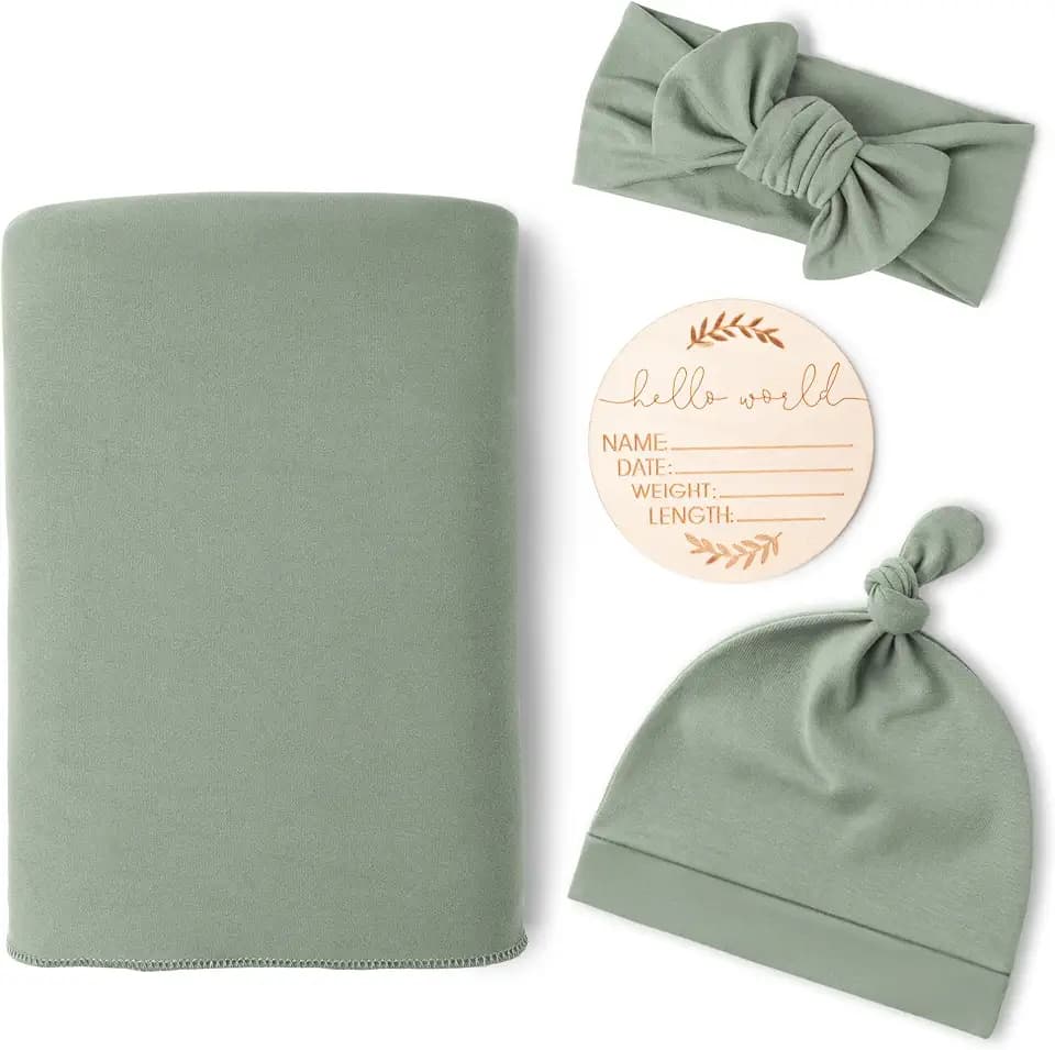 Konssy Newborn Swaddle Blanket with Beanie Hat Set, Baby Receiving Blanket