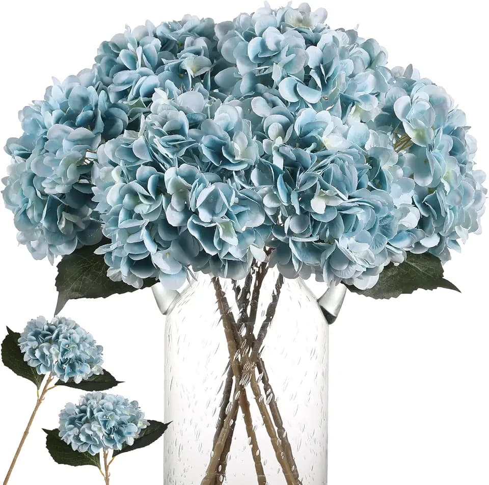 Kisflower Blue Hydrangea Artificial Flowers 6pcs Faux Hydrangea Flowers, Fake Flowers for Table Centerpiece, Blue Silk Hydrangea Flowers with Stems for Home Wedding Party Decor