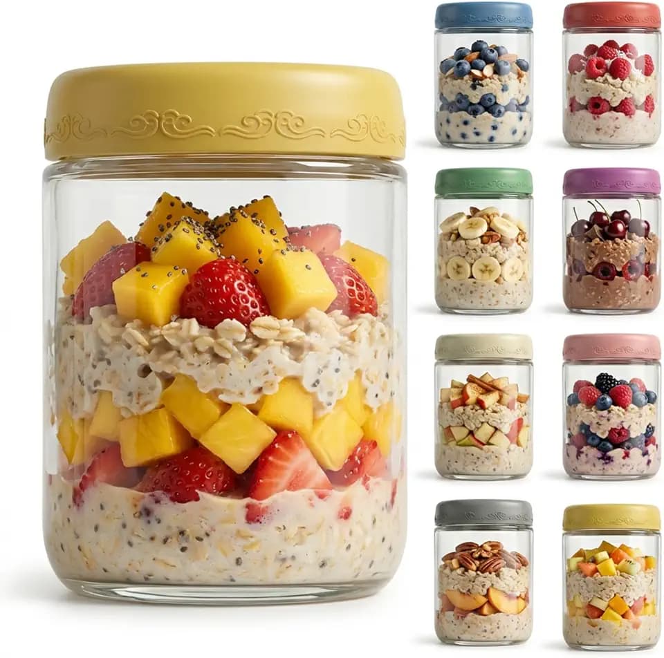 16oz 8Pack Glass Overnight Oats Jars Containers with Airtight Leakproof Lids, Reusable Mason Jars for Meal Prep, Yogurt Parfaits, Smoothies, Salads & Healthy Breakfast(16oz-8Pack)