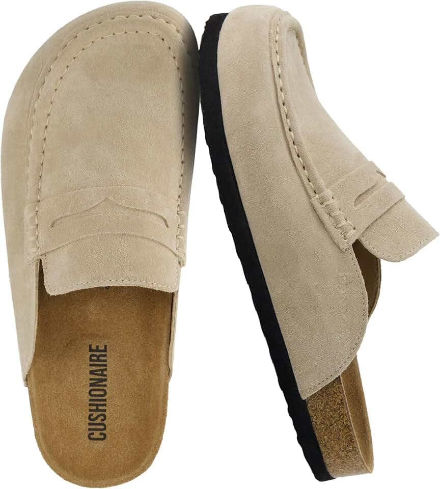 CUSHIONAIRE Fondu Genuine Leather Mule Clogs for Women, Comfortable Slip On Womens Shoes with Penny Strap Accent and Memory Foam Footbed