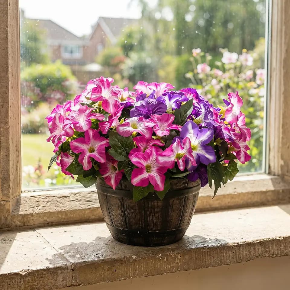 Artificial Fake Flowers Plants for Outdoor Decoration, 4PCS Faux Petunias Silk Flower UV Resistant No Fade for Home Outside Garden Balcony Yard Porch Realistic Indoor Decor (Purple/Pink-Red)