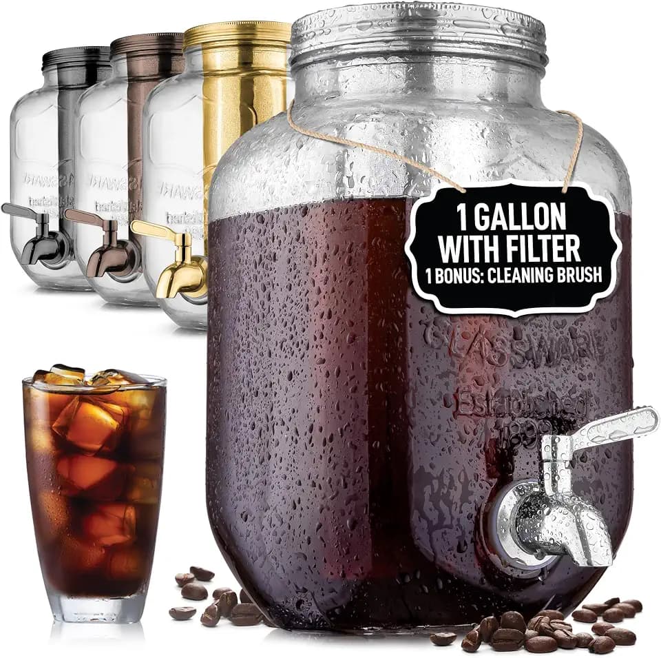 Zulay 1 Gallon/128oz Cold Brew Maker – Thick Glass Cold Brew Pitcher with Stainless Steel Filter, Lid & Spout – Large Cold Brew Coffee Maker - Iced Coffee & Sun Tea Pitcher for Fridge – Silver