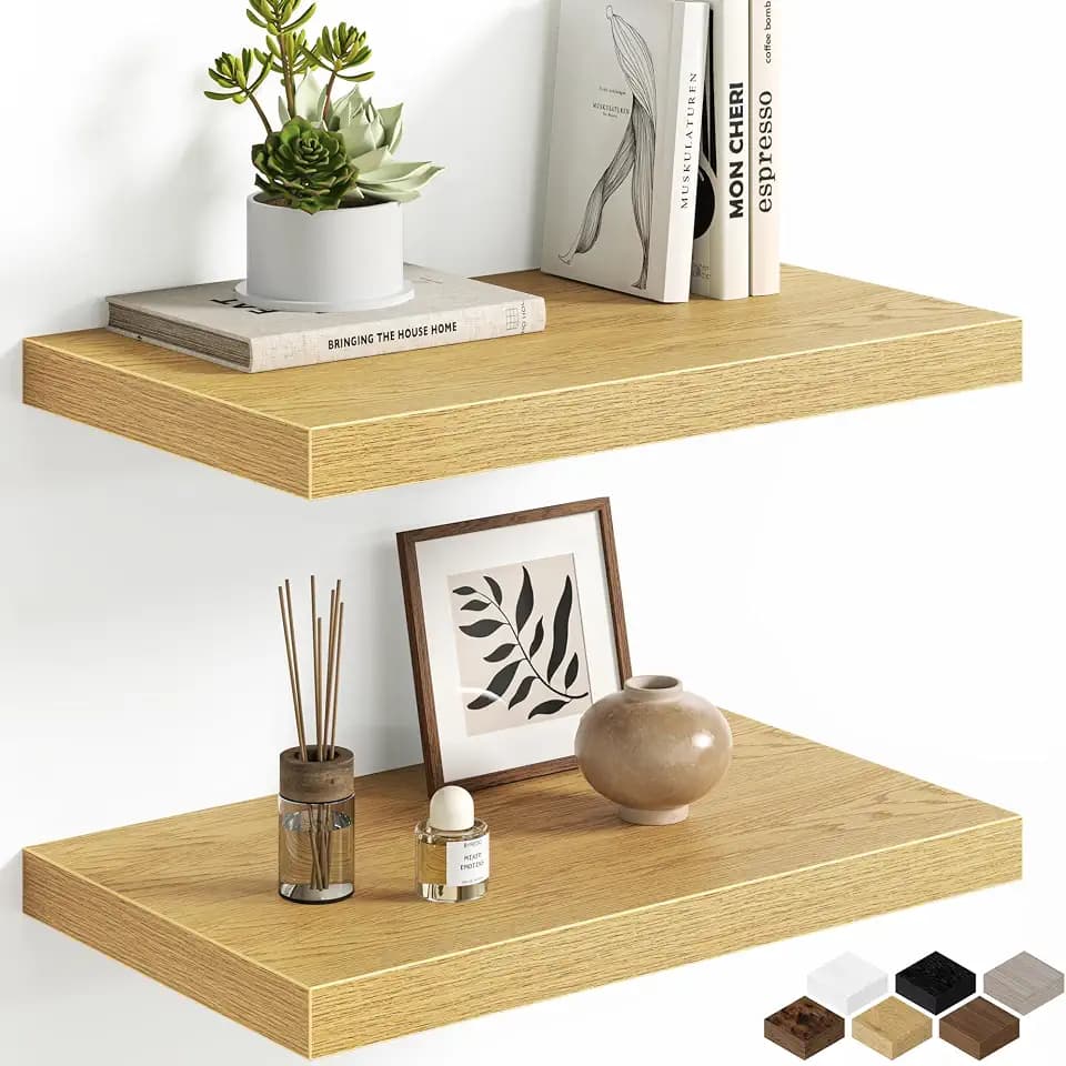 Floating Shelves Set of 2, 12 Inch Deep Floating Shelves with Heavy Duty Brackets, 20'' Rustic Wood Wall Mounted Shelf for Bathroom, Bedroom, Living Room & Kitchen, Modern Home Decor Storage, Oak