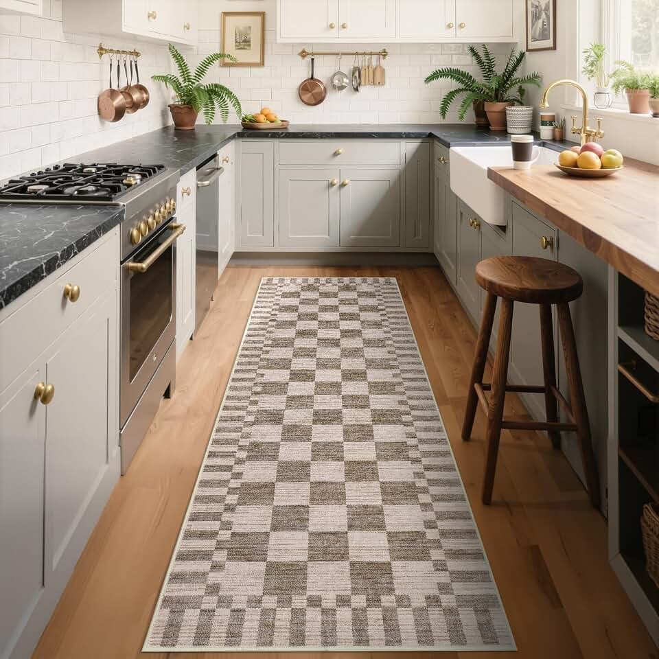 GarveeHome 2.5x8 Checkered Kitchen Runner Rug for Hallway Non Slip Washable