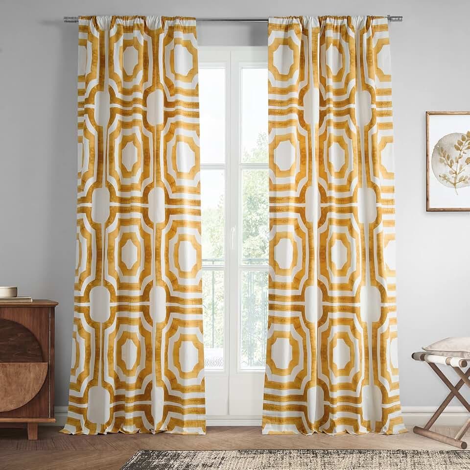 HPD Half Price Drapes Geometric Printed Curtains 120 Inches Long Luxury Cotton Curtains (1 Panel) Room Darkening Window Curtains for Bedroom & Living Room, 50W x 120L, Mecca Geometric Gold