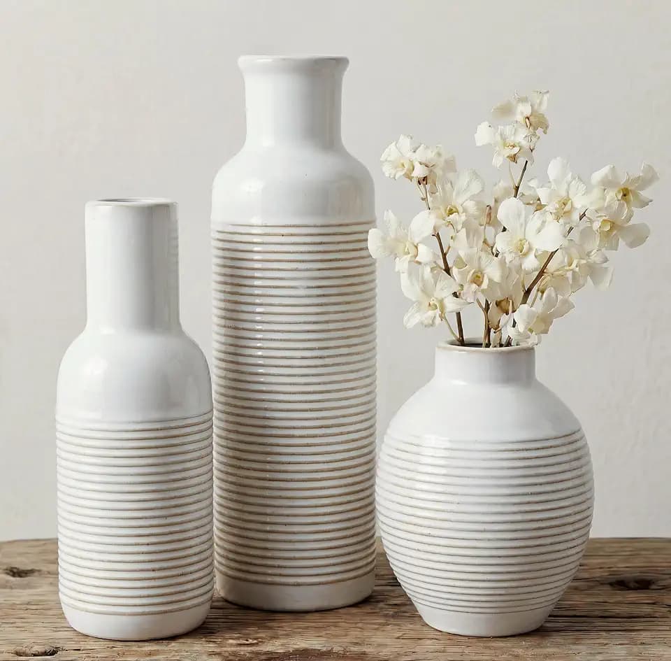 Rustic Farmhouse Vase Set of 3 - Ceramic Decorative Flowers Vases Home Decor - Pampas Grass Dried Fresh Flowers - for Centerpiece, Table, Mantel Entryway, Kitchen, Bedroom (White)