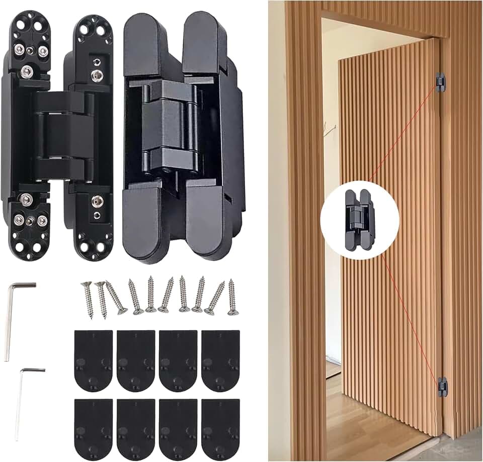 5.5" Hidden Door Hinges for Secret Door 180 Degree Hinge Hidden Hinges Heavy Duty Invisible Hinges Silent Door Hinge 3D Adjustable Concealed Hinges (2 Hinges) (Black, Load Capacity 133lb/60kg