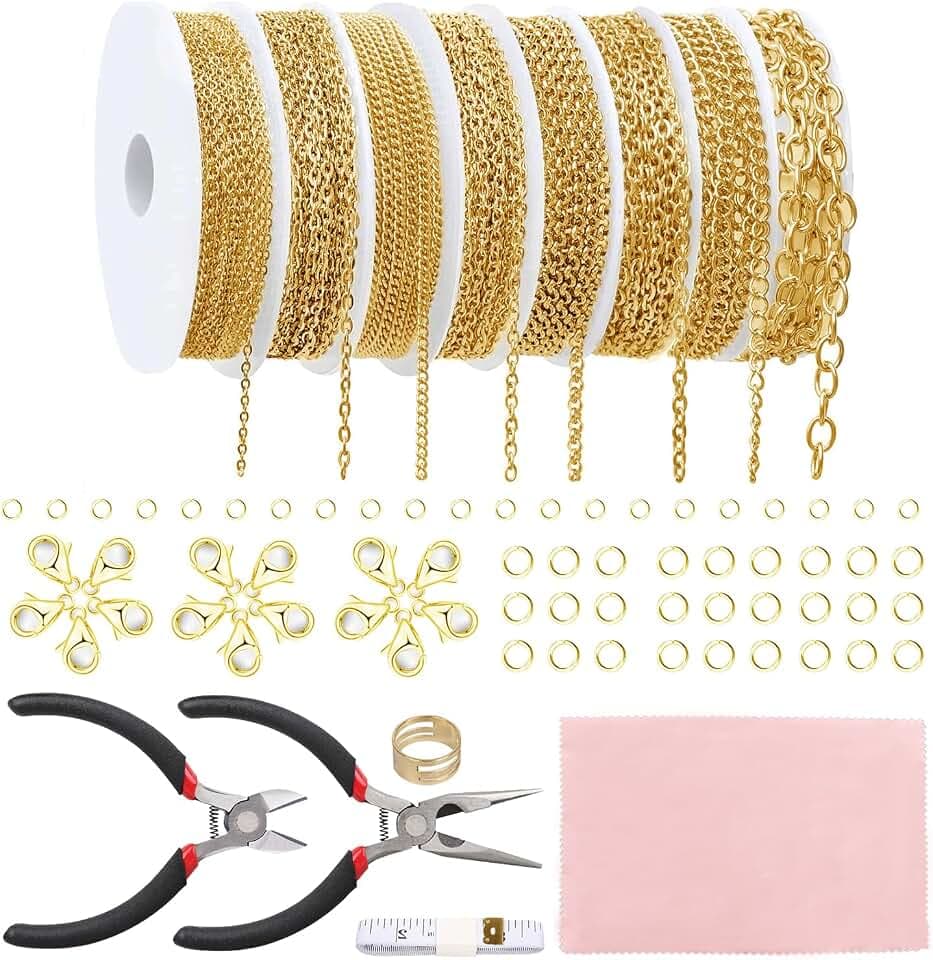 Fesorsi Gold Chain for Jewelry Making, 65ft 8 Style Steel Jewelry Chain, Electroplating Process, for DIY Necklace Chains, Tassel Pendants, with Jump Ring, Lobster Clasp, Pliers