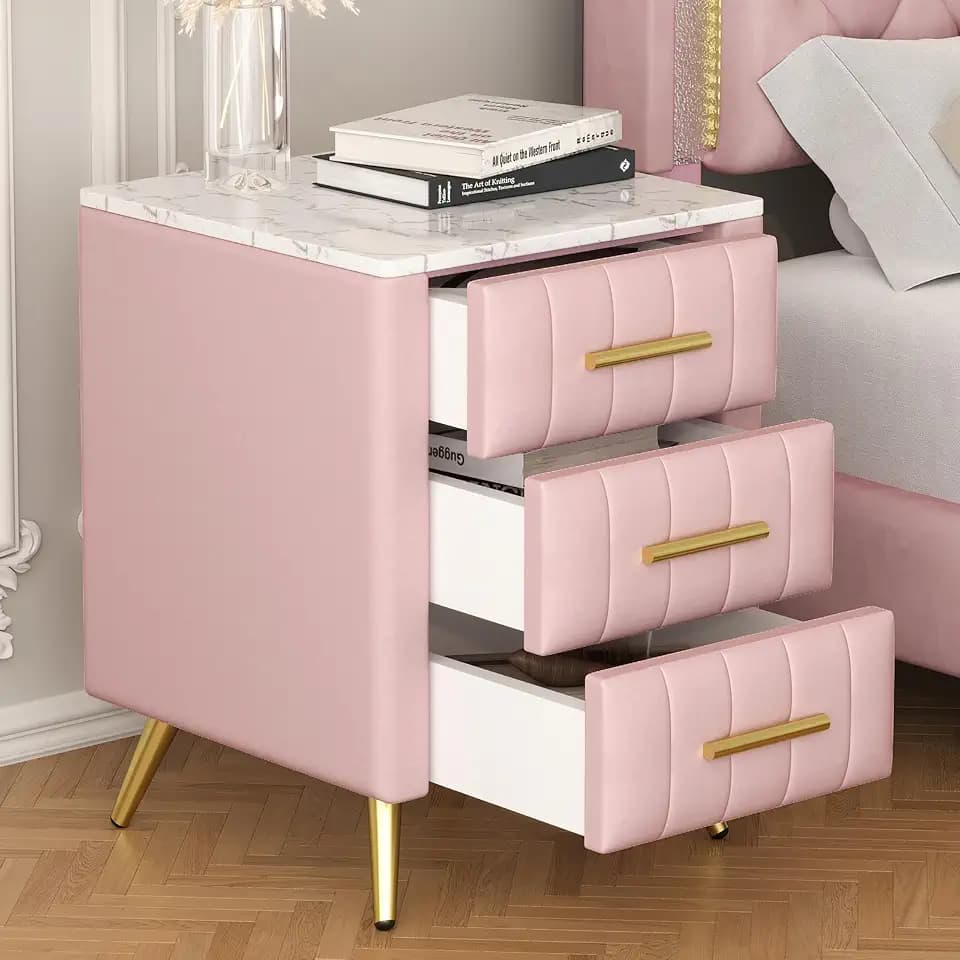 Pink Upholstered Wooden Nightstand with 3 Drawers and Metal Legs