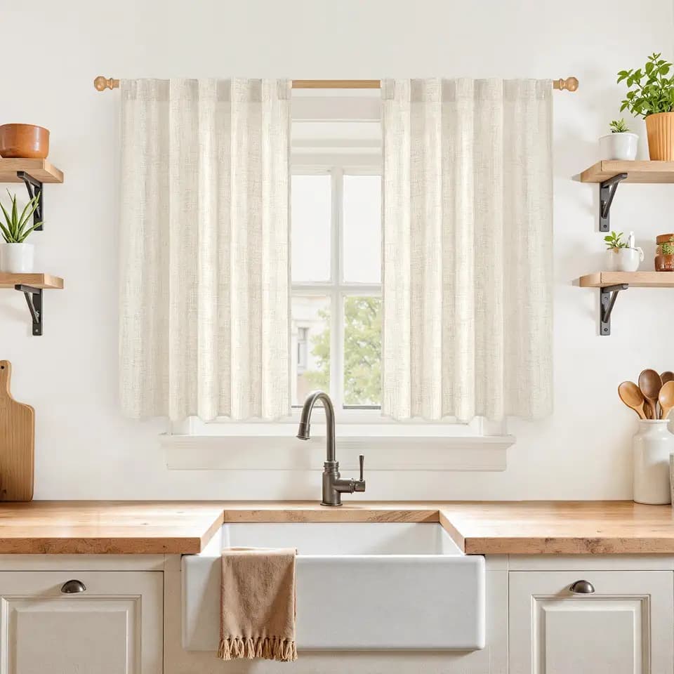 YoungsTex Short Linen Curtains 40 Inches Long for Kitchen Window 2 Panels