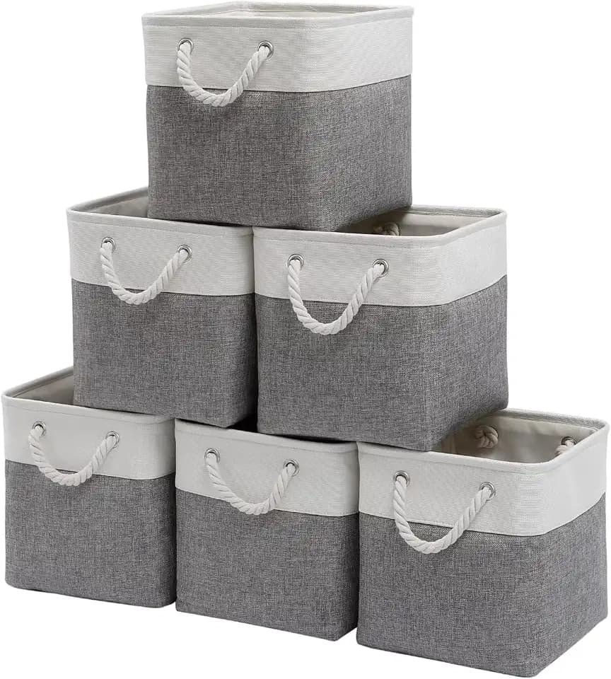 Fabric Storage Cubes 13 x 13, Collapsible Storage Bins for Shelf Baskets, Cube Storage Organizer White Gray Bins with Cotton Handles, Foldable Storage Bin box, Cube Storage Bin 6 Pack