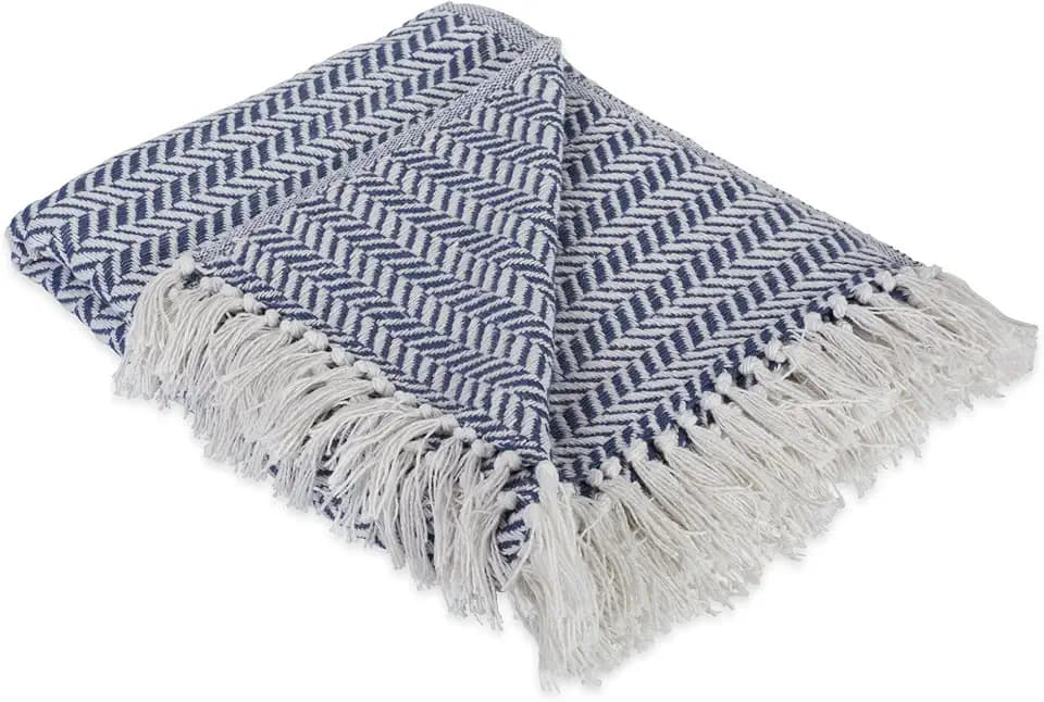 DII Modern Farmhouse Cotton Herringbone Blanket Throw with Fringe for Chair, Couch, Picnic, Camping, Beach, & Everyday Use, 50 x 60 - French Blue
