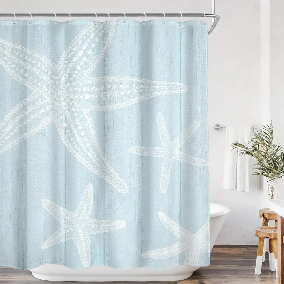 Beachy Shower Curtain Blue Coastal Beach Starfish Nautical 60Wx72L Inch
