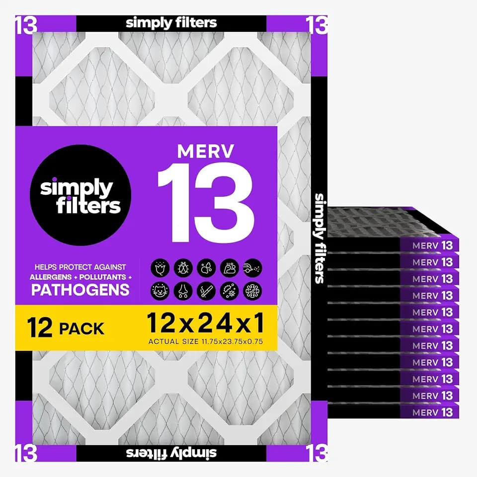 Simply 12x24x1 Air Filter, MERV 13, 12 Pack, For Home AC Furnace & HVAC (Actual Size: 11.75"x23.75"x0.75") DUST, Pet, & Allergy Control