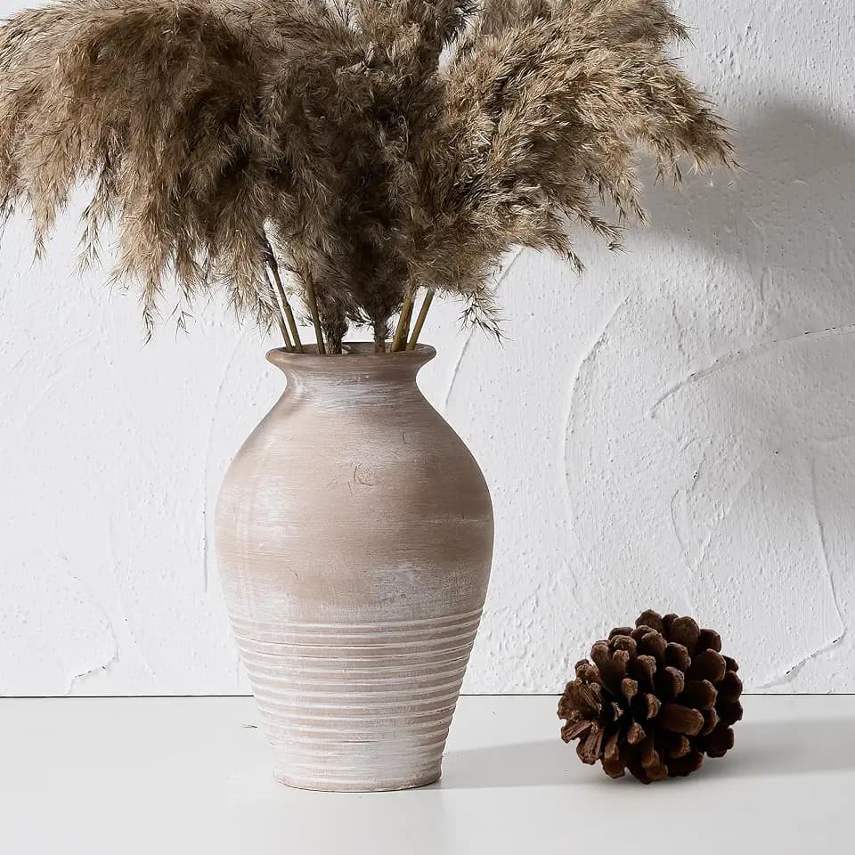 Ceramic Rustic Farmhouse Vase, 9.2 inch Whitewashed Terracotta Vase
